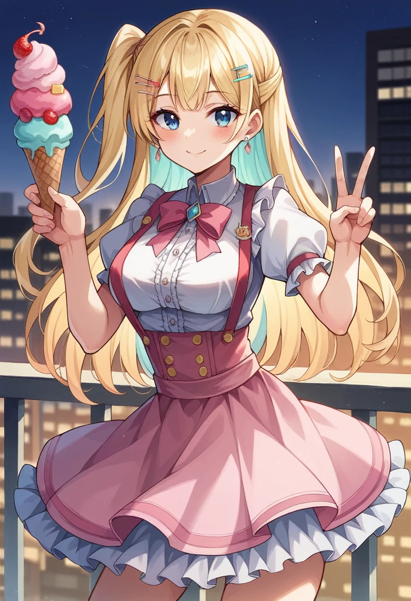 (masterpiece, best quality, very aesthetic, ultra detailed), intricate details, 1girl, ShirakawaRuna, blonde hair, multicolored hair, bangs, one side up, long hair, blue eyes, hairclip, jewelry, earrings, medium breasts, frills, puffy sleeves, puffy short sleeves, suspenders, frilled skirt, pink skirt, smile, blush, v, looking at viewer, dynamic pose, cityscape, building, holding, ice cream