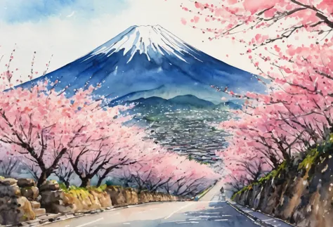 (Cherry blossom And Street:1.5), (ink and watercolor painting:1.5), (Tasteful:1.5), (ink and watercolor painting:1.5), (full color:1.5), 8k, 4k, (landscapes:1.5),(cherry blossom trees:1.5),(wind:1.5),(flying cherry blossom petals:1.5),(cherry blossom street:1.5),(mountain road:1.5),(kyoto:1.5),(pink theme:1.5),mount fuji in background 