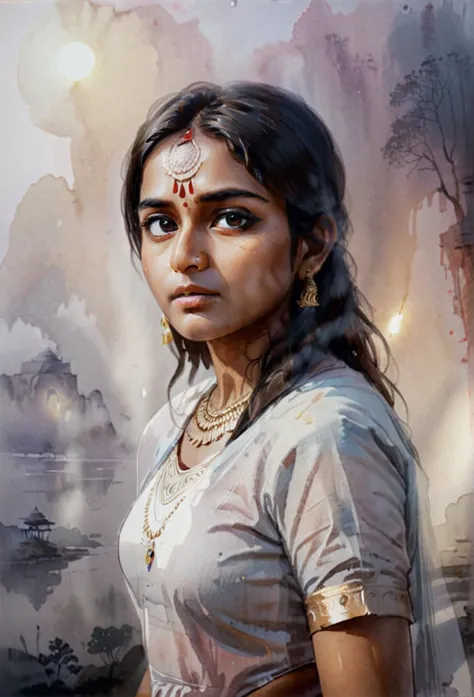 high quality illustration,ultra detailed, beautiful picture of a painting of a girl indian beauty, fog, cinematic shot, haze lig...