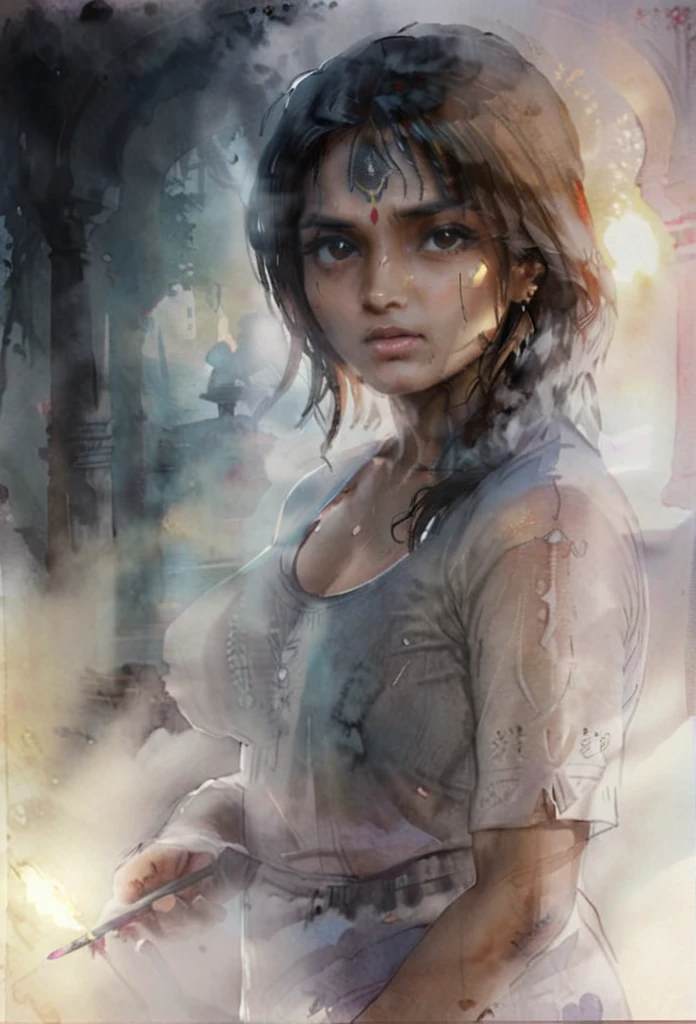 High Quality illustration,ultra detailed, Beautiful picture of A painting of a girl indian beauty, Fog, cinematic shot, haze lighting, 16k, uhd, blurry masterpiece,cinematic, epic,  watercolor, ink, SakimiStyle