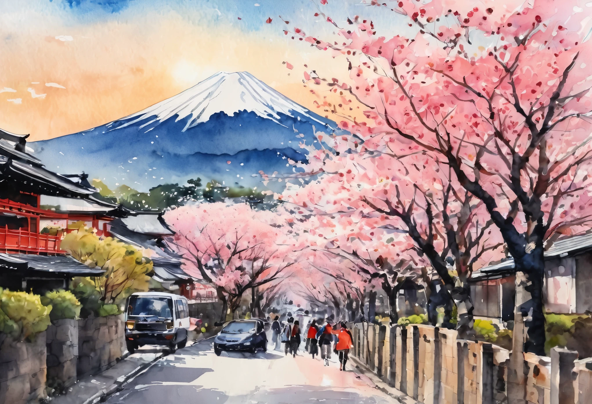 (Cherry blossom And Street:1.5), (ink and watercolor painting:1.5), (Tasteful:1.5), (ink and watercolor painting:1.5), (full color:1.5), 8k, 4k, (landscapes:1.5),(cherry blossom trees:1.5),(wind:1.5),(flying cherry blossom petals:1.5),(kyoto:1.5),(pink theme:1.5),mount fuji in background 