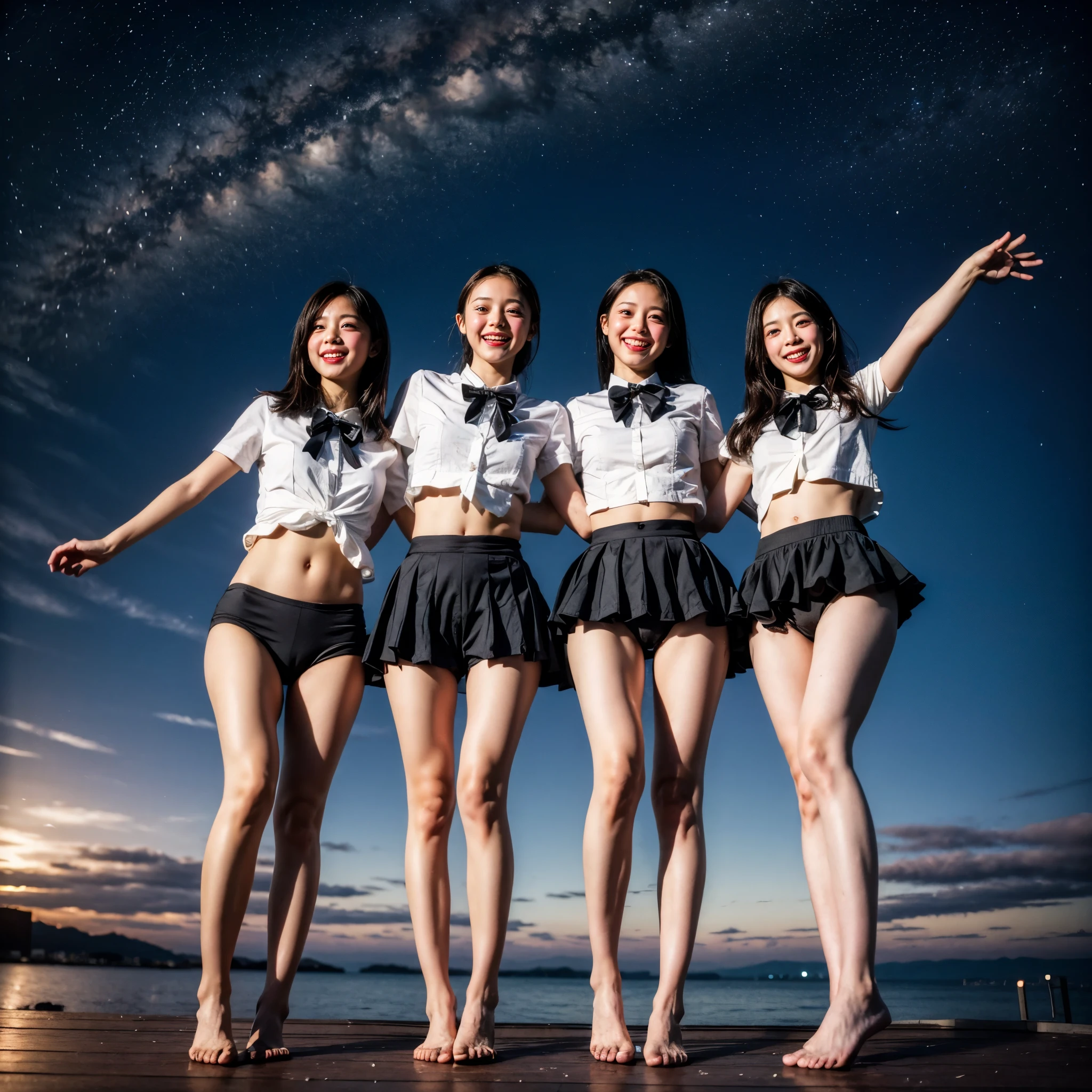  Masterpiece of ProfessionalPhoto ((ExtremelyDetailed (12 PICHIPICHI KAWAII Girls Floating in The Air in a row:1.37) in WHITE at Dusk Enoshima Beach)), {(Standing Full Body:1.2)|(from below:1.2)|Detailed KAWAII face}, Different types of hair colors, {(skinny(school swimwear))|(SchoolUniform)with Skinny AthleticShorts}, {(Corrected Childish hand)|Hidden hand|Different types of breasts|(Clearly Visible the shape of Butt)}, Joyful Expressions LifeLike Rendering, PerfectLighting, (Dazzling Horizon Visible through ThighGap), (Starry IridescentParticles:1.22) ColorfulClouds