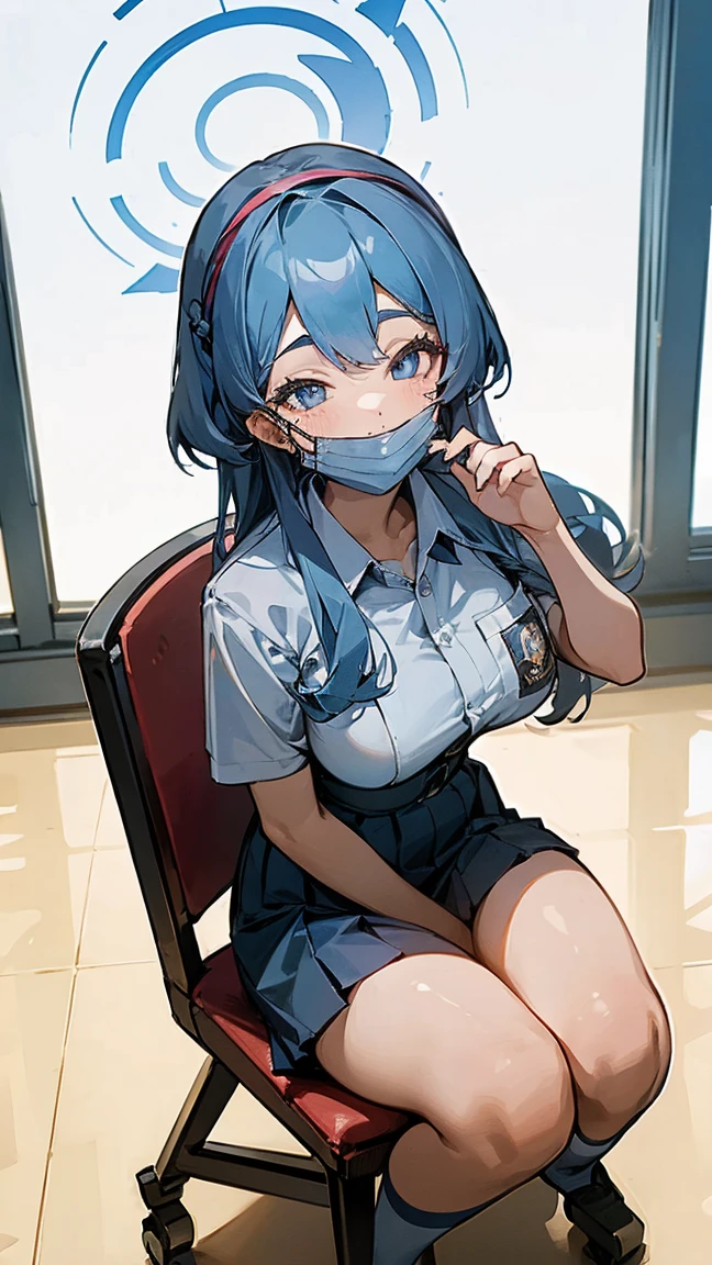 1 woman, 17 years old, (long hair, hairband, blue hair), scared face expression, plump body, blue eyes, Indonesian high-school uniform, (smile:1.4), osis logo on shirt pocket, huge XL breasts, light-grey pleated skirt, sitting on a chair, seductive pose, full body shot, smiling, in the classroom, smile. ako_bluearchive, wearing a mask (mask_pull, white surgical mask, surgical mask fit his face:1.2).