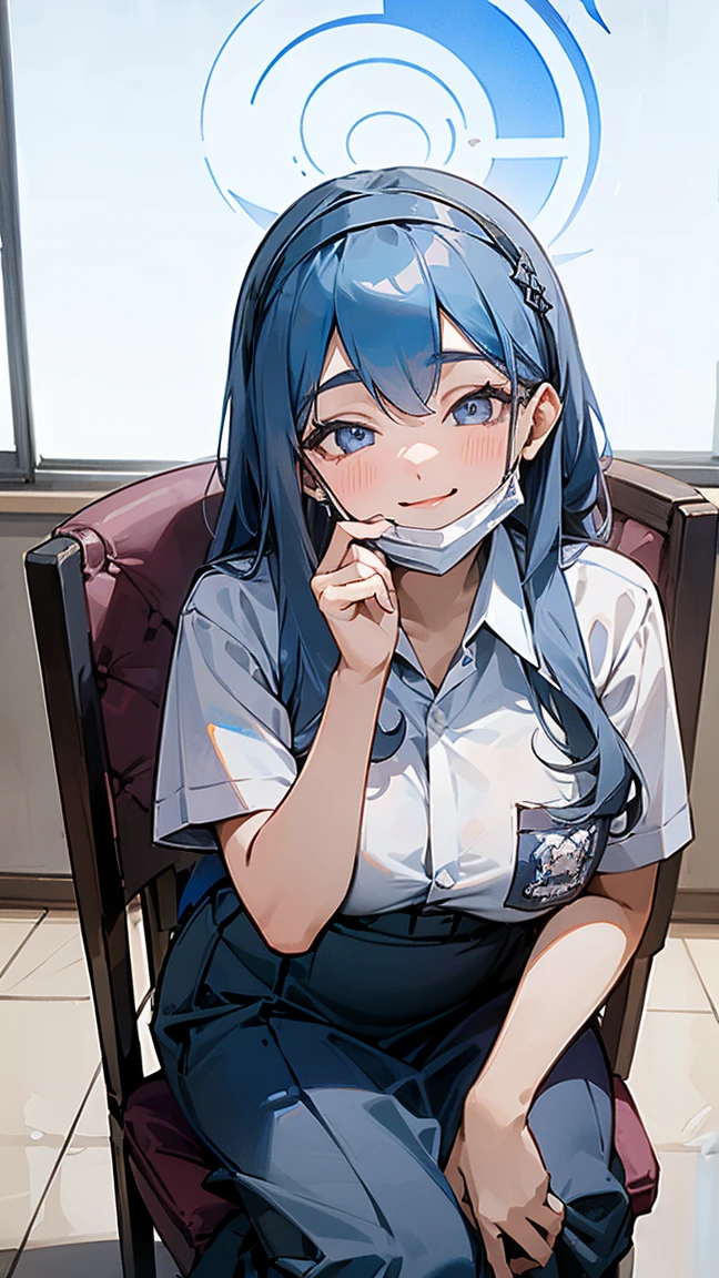 1 woman, 17 years old, (long hair, hairband, blue hair), scared face expression, plump body, blue eyes, Indonesian high-school uniform, (smile:1.4), osis logo on shirt pocket, huge XL breasts, light-grey pleated skirt, sitting on a chair, seductive pose, full body shot, smiling, in the classroom, smile. ako_bluearchive, wearing a mask (mask_pull, white surgical mask, surgical mask fit his face:1.2).