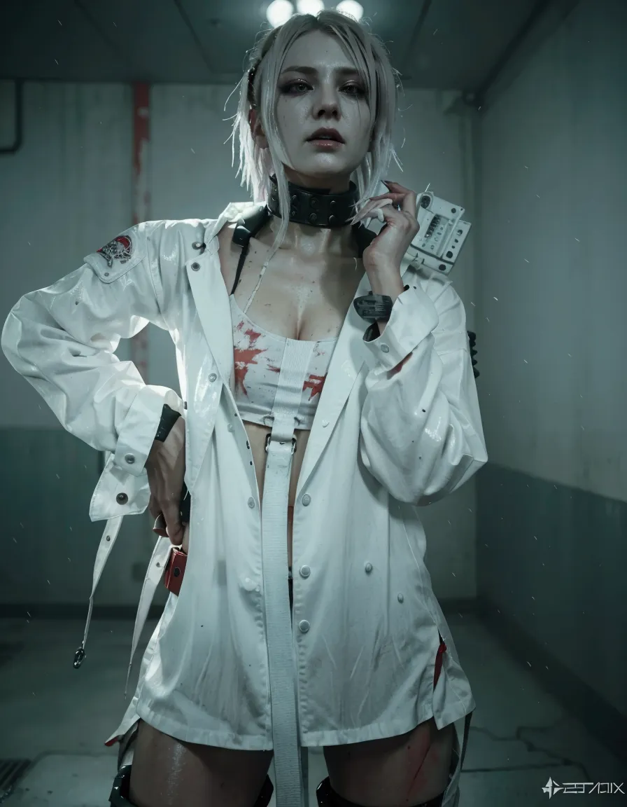 there is a woman wearing a white shirt and red pants holding a knife., cyberpunk horror style, ハイパーリアルなcyberpunk style, silent h...