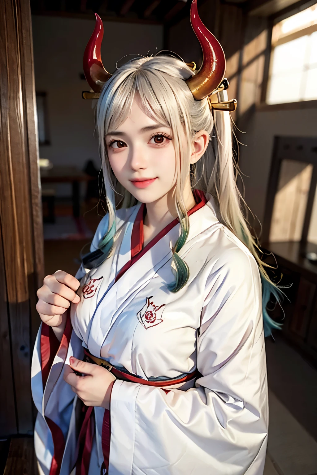 A blonde woman in a red kimono with horns and a white shirt, anime girl Cosplay, Japanese Goddess, ayaka Cosplay, perfect Gray Haired girl, Attractive anime girl, Real World Anime Girls, anime Cosplay, In kimono,  Gray Hair, beautiful, Attractive anime woman, Cosplay, Photographed with Canon EOS R6, Gray Haired god, A close-up of Yamato smiling cutely. beautiful forest floor. 