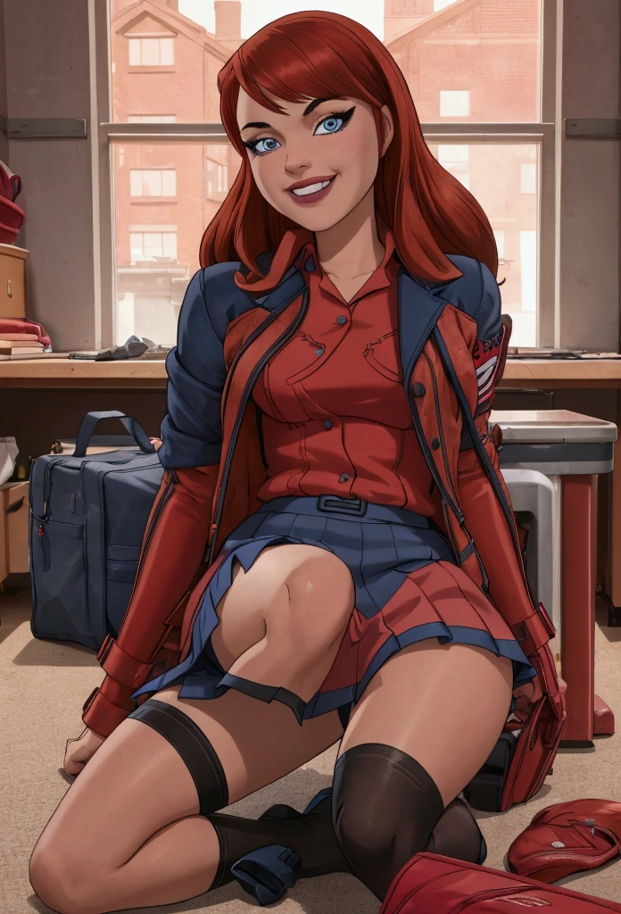 Girl  in red hair and blue eyes, sitting on the floor, on her knees, realistic , hyperrealistic , a hyperrealistic , school girl, cute , beautiful  high school girl, commission for high res, thighhighs and skirt, teasing smile, wearing skirt,  school girl,Barbara Gordon 