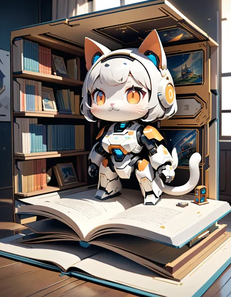 (masterpiece:1.2, Highest quality,High resolution,Very detailed),8k,(Pop-up Books),A room where a cat-shaped robot and the main character live from the future