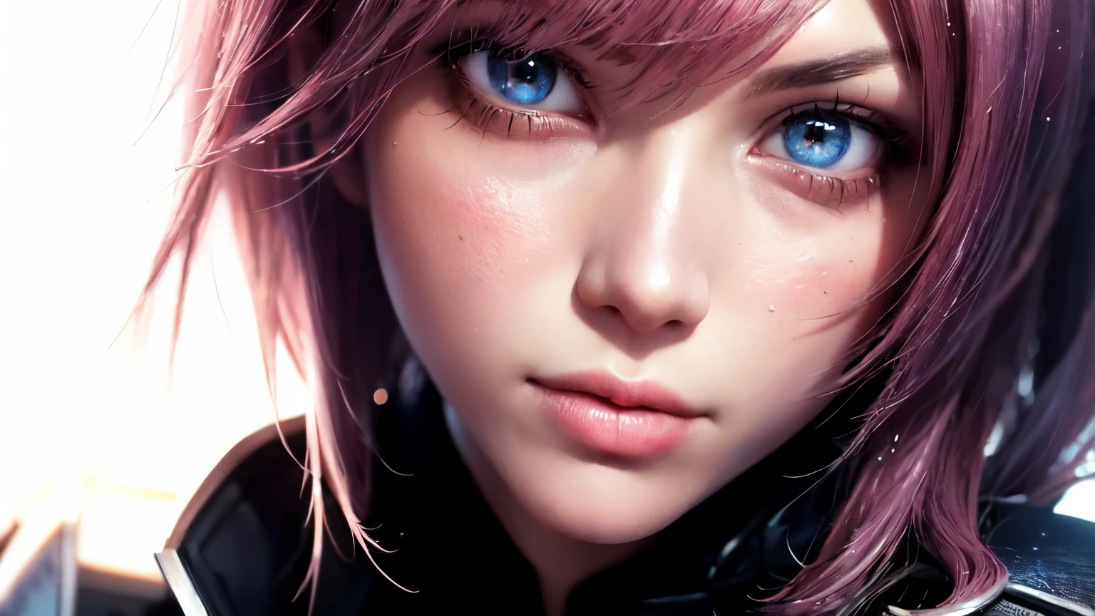 (masterpiece, best quality:1.2), masterpiece, best quality), intricate details, (Best quality), (realistic), (hyperrealism:1.2), (fractal art:1.2), (1girl), (perfect face:1.3),  1girl, solo, lightning farron, sleeveless, shoulder armor, cape, skirt, fingerless gloves, (detailed face and eyes:1.3) , pink hair, blue eyes, extreme detailed eyes, colorful, highest detailed, vibrant colors, high contrast, (8K UHD:1.2), (photorealistic:1.2), color, white jacket