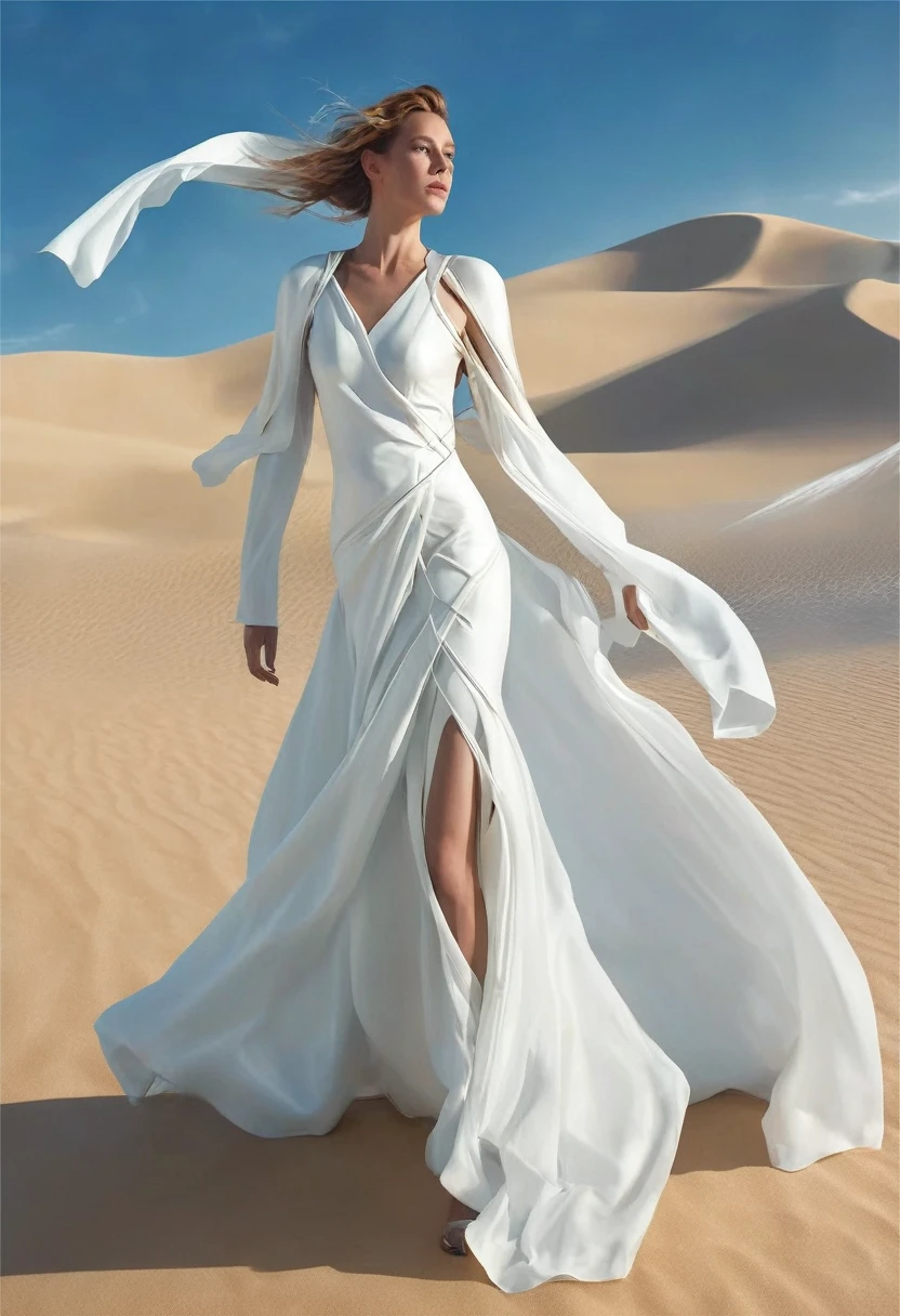 A stunning photorealistic masterpiece in Ultra High Definition (UHD) depicting a striking European woman in white futuristic armor, with her face shielded by a shiny glass protective covering. She is draped in flowing white cotton straps, accentuating her figure. The scene is set in a futuristic, aseptic environment with long strips of fabric billowing in the wind, adding a sense of movement. The woman wears a long, loose dress with a dramatic slit, illuminated by ambient blue light hues