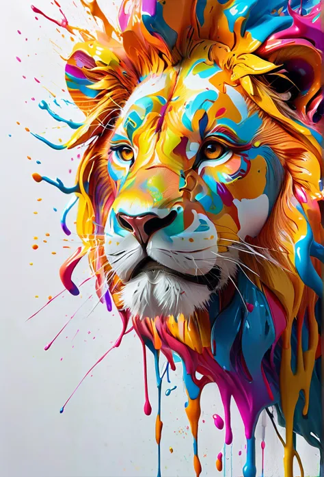 arte splash, a lion head, very detailed mane ((white background)), piercing eyes, epic instagram, art-station, splash style of c...