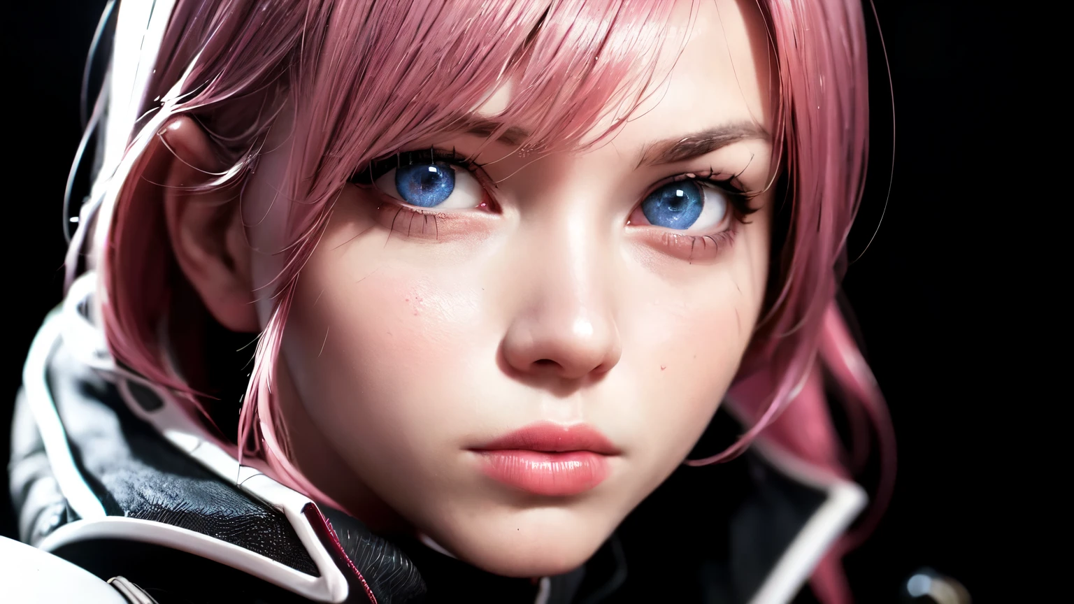 (masterpiece, best quality:1.2), masterpiece, best quality), intricate details, (Best quality), (realistic), (hyperrealism:1.2), (fractal art:1.2), (1girl), (perfect face:1.3),  1girl, solo, lightning farron, sleeveless, shoulder armor, cape, skirt, fingerless gloves, (detailed face and eyes:1.3) , pink hair, blue eyes, extreme detailed eyes, colorful, highest detailed, vibrant colors, high contrast, (8K UHD:1.2), (photorealistic:1.2), color, white jacket