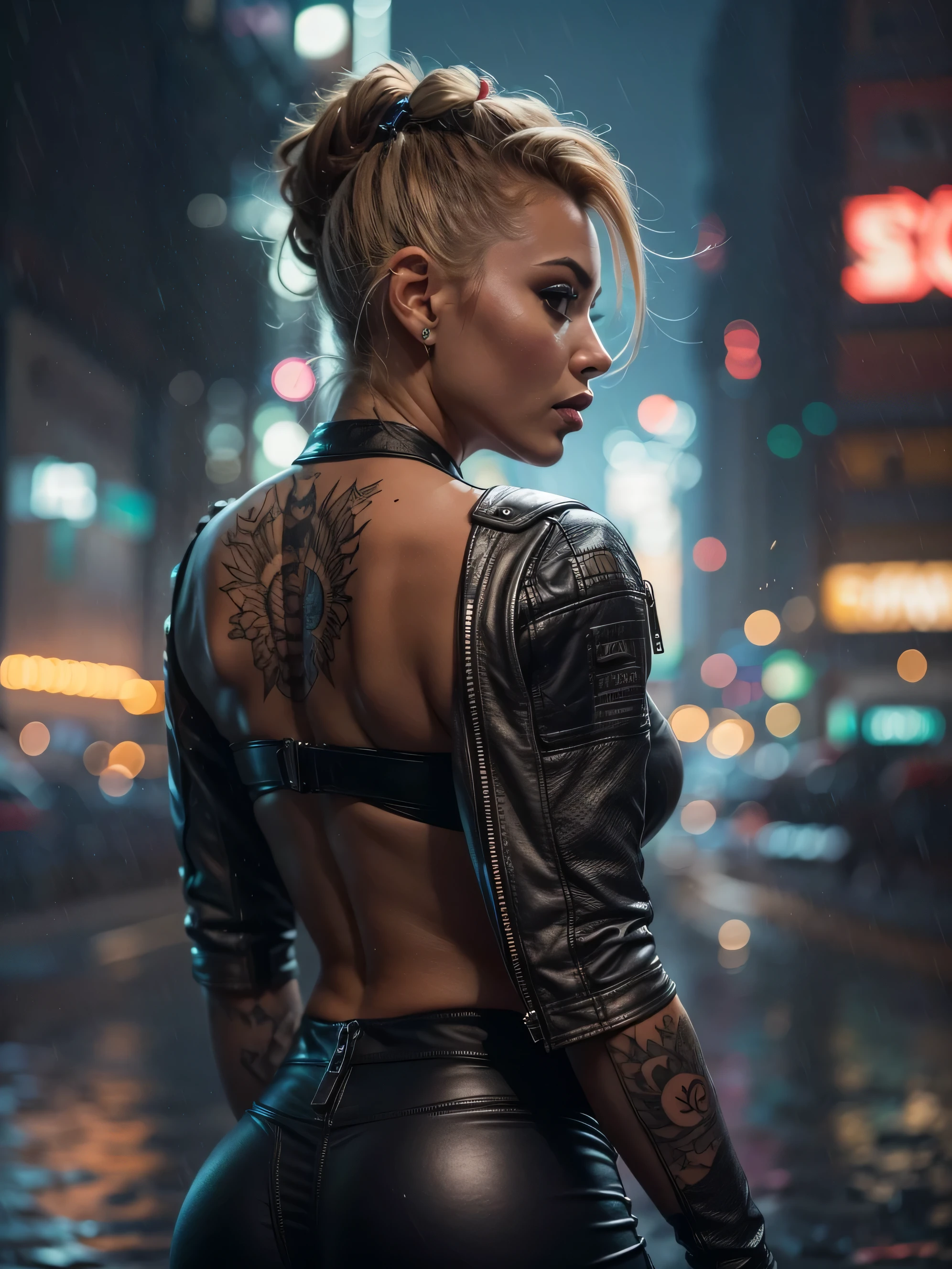 Create a highly detailed, 4K 3D render of Eliska Li, a 25-year-old Serbian-American with an ultra-hot, athletic body and a curvy figure. She is a fitness model with realistic skin texture and a beautifully divine face. Eliska has short mohawk hair and tattoos. She is wearing a revealing leather jacket and skin-tight pants that accentuate her perfect round booty and perfect under booty. The scene is set in a futuristic cyberpunk city at night in the year 2527, featuring advanced technology and skyscrapers. Eliska is standing tall, fighting crime in a dark and wet atmosphere, with the camera angle from below to emphasize her power and presence.