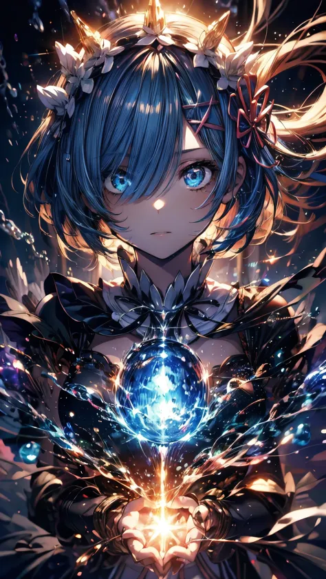 (Highest quality),(masterpiece), 8k,Very detailed, Detailed light, Best Shadow,Detailed reflective eyes, Beautiful Eyes, Very detailedな顔,Shiny Hair,One person,Gloss,semi-long,Blue Hair,Blue Eyes,enchanting,Expressionless,Quiet anger,full moon,hair ornaments,whole body,front,Re:Zero,rem,Rem,fan,darkness,face is dirty for painting,Dynamic Angle,