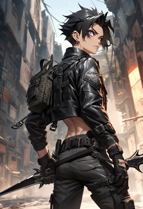 anime styling, qin yu, a young man with black hair and piercing eyes, wears a sturdy leather jacket and tactical pants. he holds...