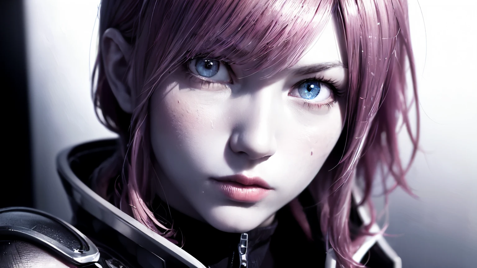 (masterpiece, best quality:1.2), masterpiece, best quality), intricate details, (Best quality), (realistic), (hyperrealism:1.2), (fractal art:1.2), (1girl), (perfect face:1.3),  1girl, solo, lightning farron, sleeveless, shoulder armor, cape, skirt, fingerless gloves, (detailed face and eyes:1.3) , pink hair, blue eyes, extreme detailed eyes, colorful, highest detailed, vibrant colors, high contrast, (8K UHD:1.2), (photorealistic:1.2), color, white jacket