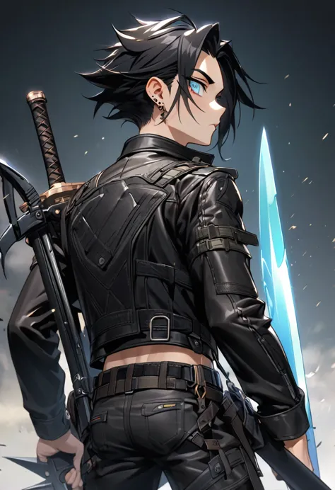 anime styling, qin yu, a young man with black hair and piercing eyes, wears a sturdy leather jacket and tactical pants. he holds...