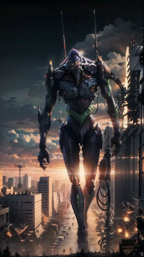 A highly detailed and realistic full body portrait of Eva 01, a biomechanical anime character, walking between Tokyo city buildings, dramatic lighting, cinematic composition, volumetric fog, intricate mechanical details, dynamic pose, shiny metallic textures, background neon-lit cityscape, hyper-detailed, 8K, photorealistic,Eva 01,realistic,full body,walking between buildings,view from below