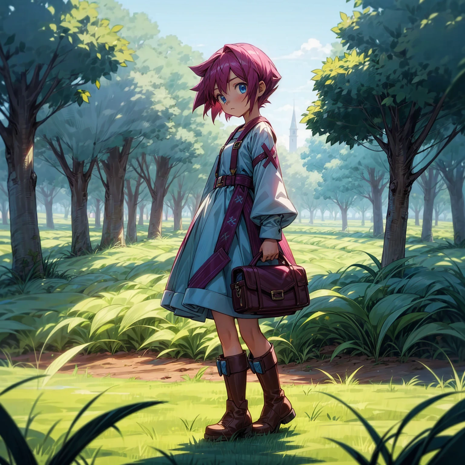 1childern girl, Full body version, 1character, blue eyes, short haircut, magenta color hair, Farmer style outfit, Boots, Grassroots, full background in field town, motion blur, lighting, (Hunter x Hunter style art)