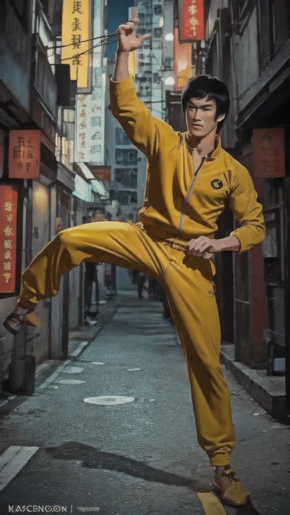 Bruce Lee usa um fato de treino amarelo、Fundo de beco de Hong Kong à noite、Enfrente o inimigo、