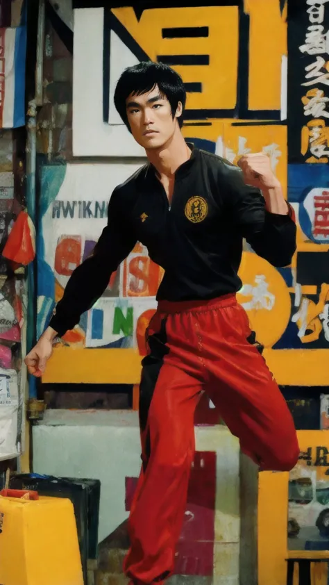 Bruce Lee wears a yellow tracksuit、Hong Kong backstreet background at night、Face the enemy、