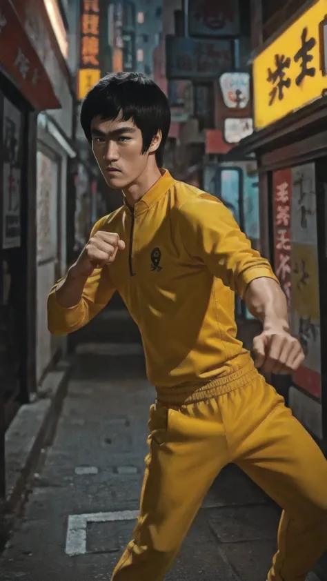 bruce lee wears a yellow tracksuit、hong kong backstreet background at night、face the enemy、