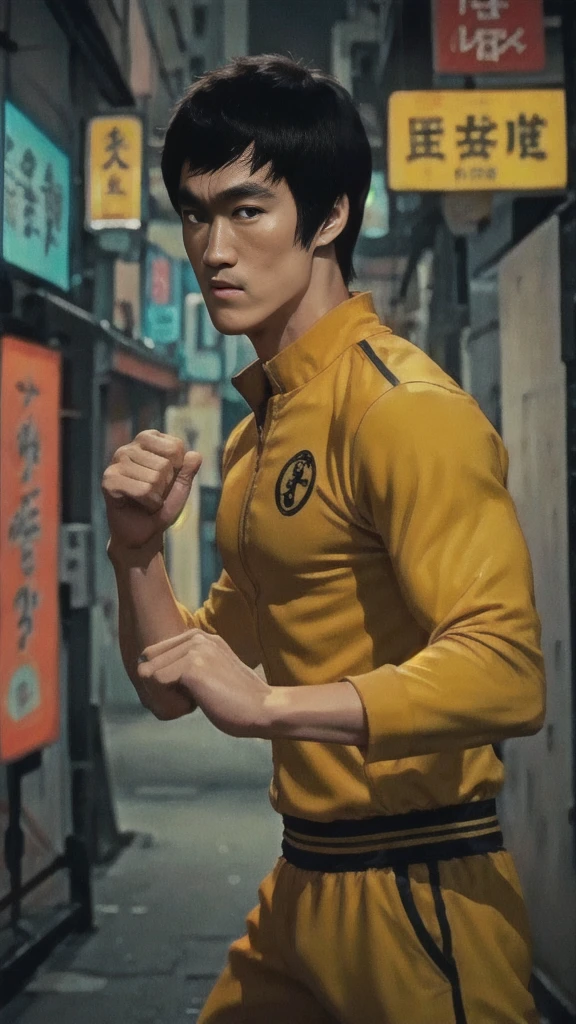 Bruce Lee สวมชุดวอร์มสีเหลือง、ฉากหลังของฮ่องกงในเวลากลางคืน、เผชิญหน้ากับศัตรู、