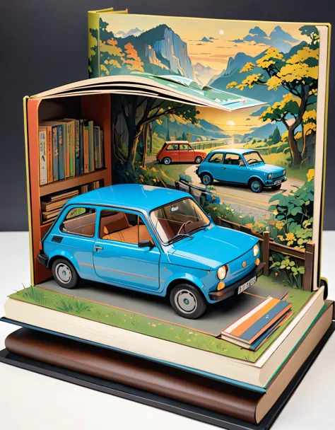 (masterpiece:1.2, Highest quality),(Very detailed),8k,wallpaper,Pop-up Books,レトロな車とイタリアの街並みのPop-up Books,(polish 70s compact car)