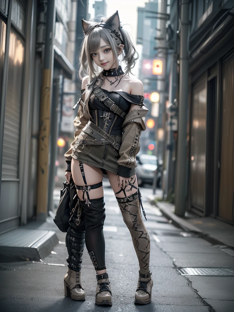 (Side view:1.1)、(Smiling with teeth showing:1.3),(Shibuya Gal:1.5)、(Beautiful:1.5)、(Neo-goth fashion:1.5)、(Punk RockVisual Kei:1.5)、(An off-the-shoulder hoodie in khaki and brown with delicate silver accessories.:1.5)、(A corset with a delicate beige and brown design:1.4)、(Dark grey, khaki and brown snakeskin bodysuit:1.5)、(Snake print headband:1.3)、(Beige and charcoal knee socks:1.4)、Embellished collar and long boots、(I&#39;m selling snake print underwear.:1.4)、(Long eyelashes:1.3)、(20-year-old)、((Highest quality、8k、masterpiece:1.3))、1 Female、Slim and beautiful abs:1.3、(hairstyle casual、Beautiful boobs:1.1)、(Doing an aerobics pose:1.3)、dress:1.1、Super small face、Narrow eyes、double eyelid、A sloppy smile、Esbian all over body、Dynamic Angle、Close-up、CPL Filter、Blurred Background、Bokeh、Blue Hour、Detailed face and skin texture、Detailed eyes、,(Twin tails:1.3)、(Black brown hair:1.3)、Gravure idol、(The background is a glamorous dance hall:1.3)、(Make your legs thinner:1.4)、(Slim Body:1.3)、(clavicle:1.1)
