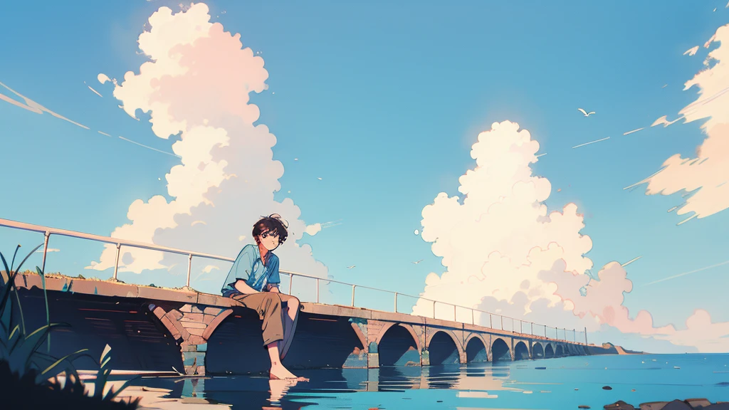 best quality, 4k wallpaper, masterpiece, very detailed CG Unity 8k 벽지, very detailed 눈, very detailed, intricate details, retro,  Library Landscape, brown hair 20 year old boy,  Looking at the entire upper body,  incredibly blue sea background, Incredibly blue cloudy sky background