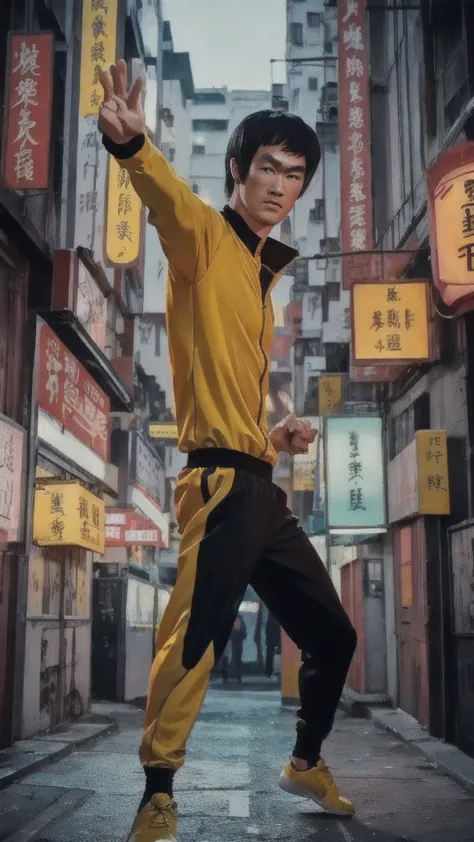 Bruce Lee wears a yellow tracksuit、Hong Kong backstreet background at night、Face the enemy、