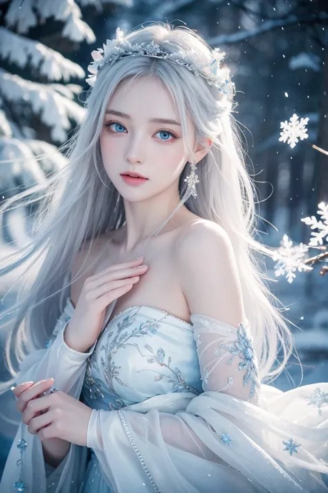 white hair girl, beautiful detailed eyes, pale skin, flowing white hair, elegant pose, fantasy setting, soft lighting, ethereal ...