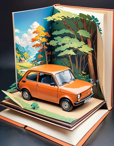 (masterpiece:1.2, Highest quality),(Very detailed),8k,wallpaper,Pop-up Books,レトロな車とイタリアの街並みのPop-up Books,(polish 70s compact car)