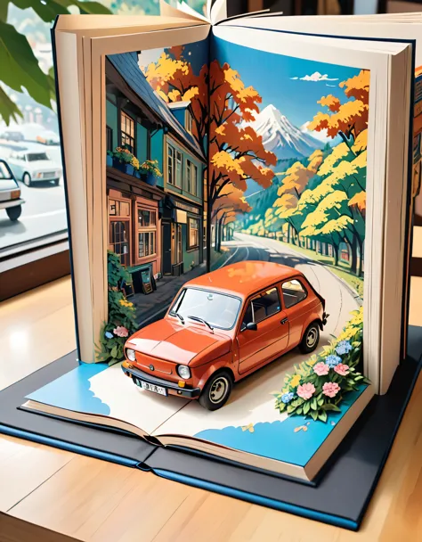 (masterpiece:1.2, Highest quality),(Very detailed),8k,wallpaper,Pop-up Books,レトロな車とイタリアの街並みのPop-up Books,(polish 70s compact car)