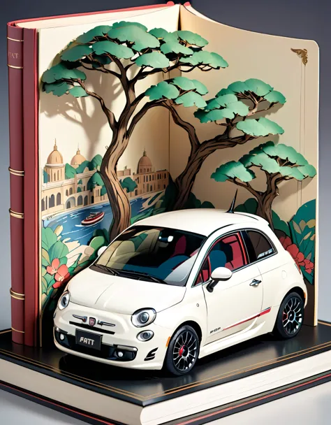 (masterpiece:1.2, Highest quality),(Very detailed),8k,wallpaper,Fiat 500 pop-up book