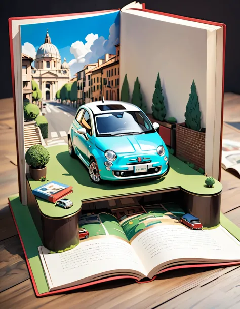 (masterpiece:1.2, Highest quality),(Very detailed),8k,wallpaper,Fiat 500 pop-up book