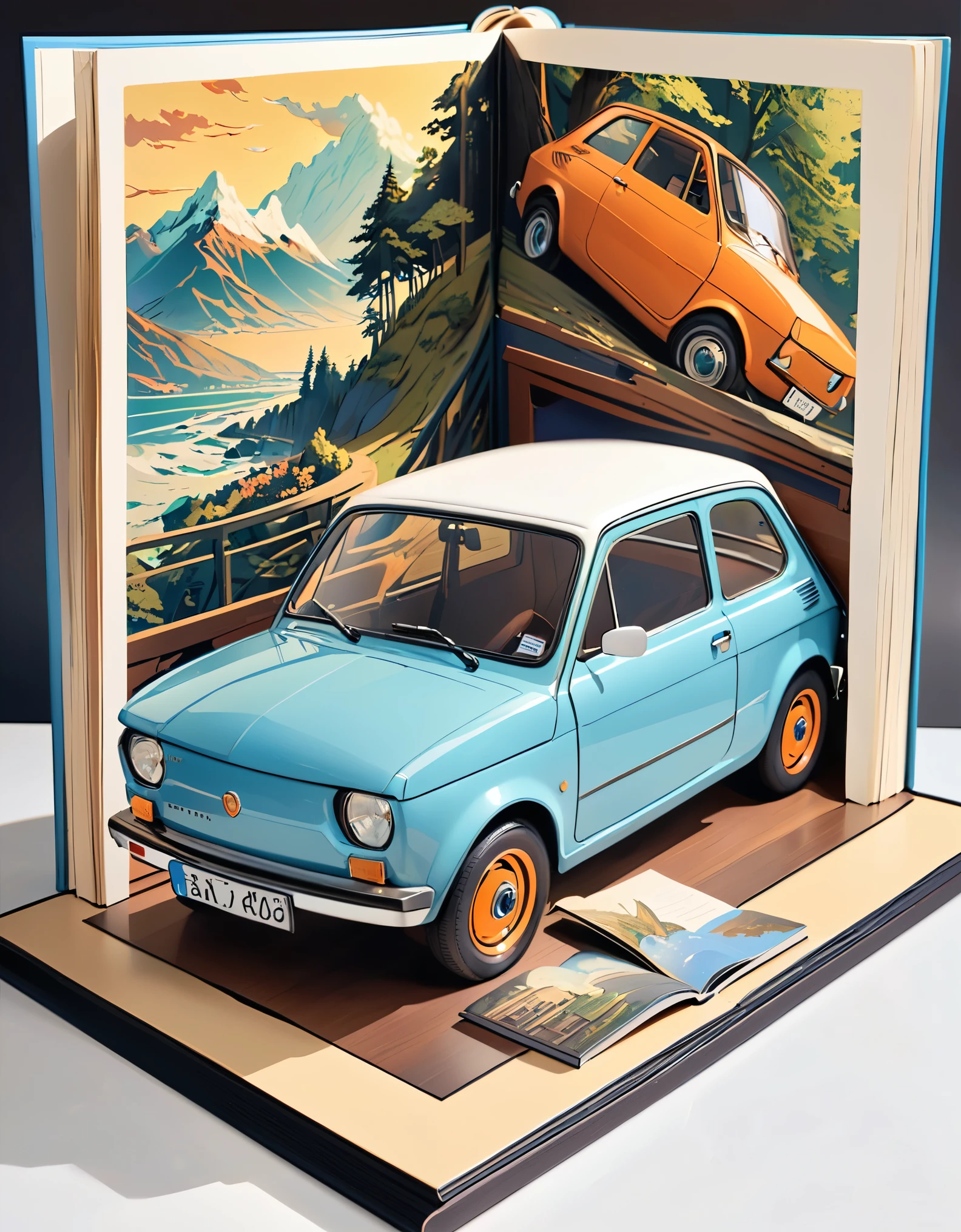 (masterpiece:1.2, Highest quality),(Very detailed),8k,wallpaper,Pop-up Books,Pop-up Books of Retro Cars and Italian Cityscapes,(polish 70s compact car)