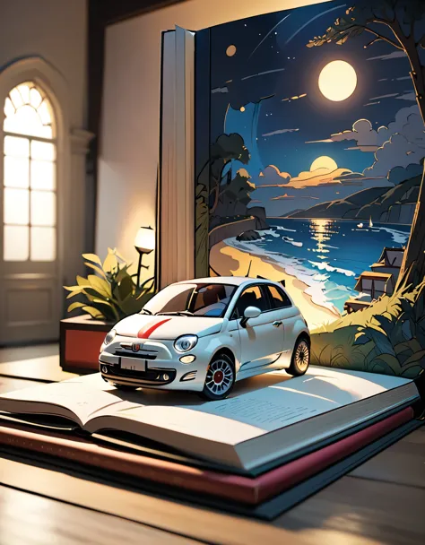 (masterpiece:1.2, Highest quality),(Very detailed),8k,wallpaper,Fiat 500 pop-up book,Gentle lighting from behind,Two-point lighting