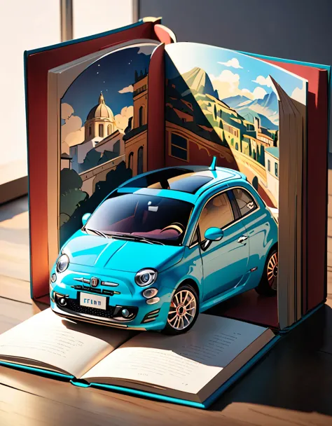 (masterpiece:1.2, Highest quality),(Very detailed),8k,wallpaper,Fiat 500 pop-up book,Gentle lighting from behind,Two-point lighting