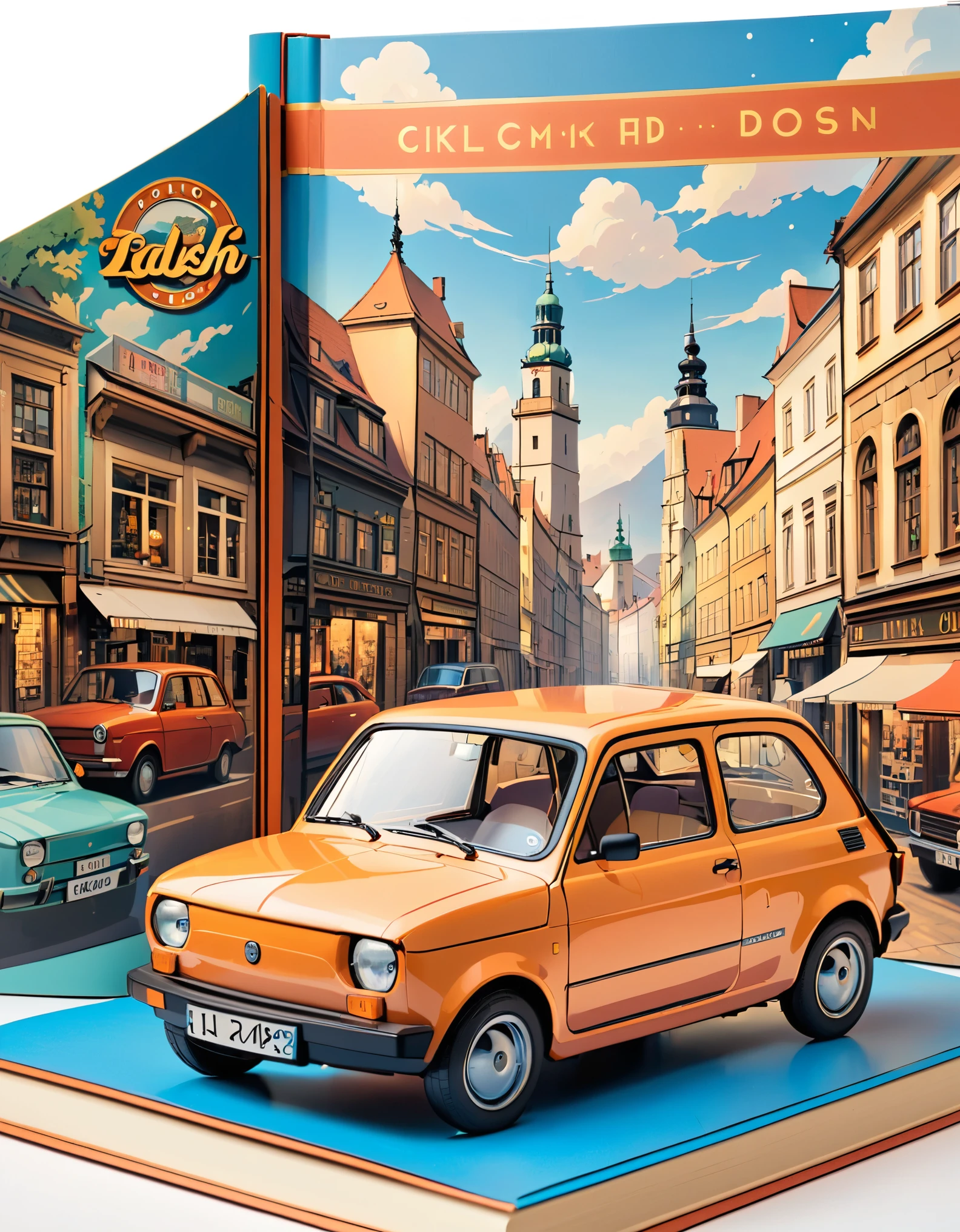 (masterpiece:1.2, Highest quality),(Very detailed),8k,wallpaper,Pop-up Books,Pop-up Books of Retro Cars and European Cityscapes,(polish 70s compact car)