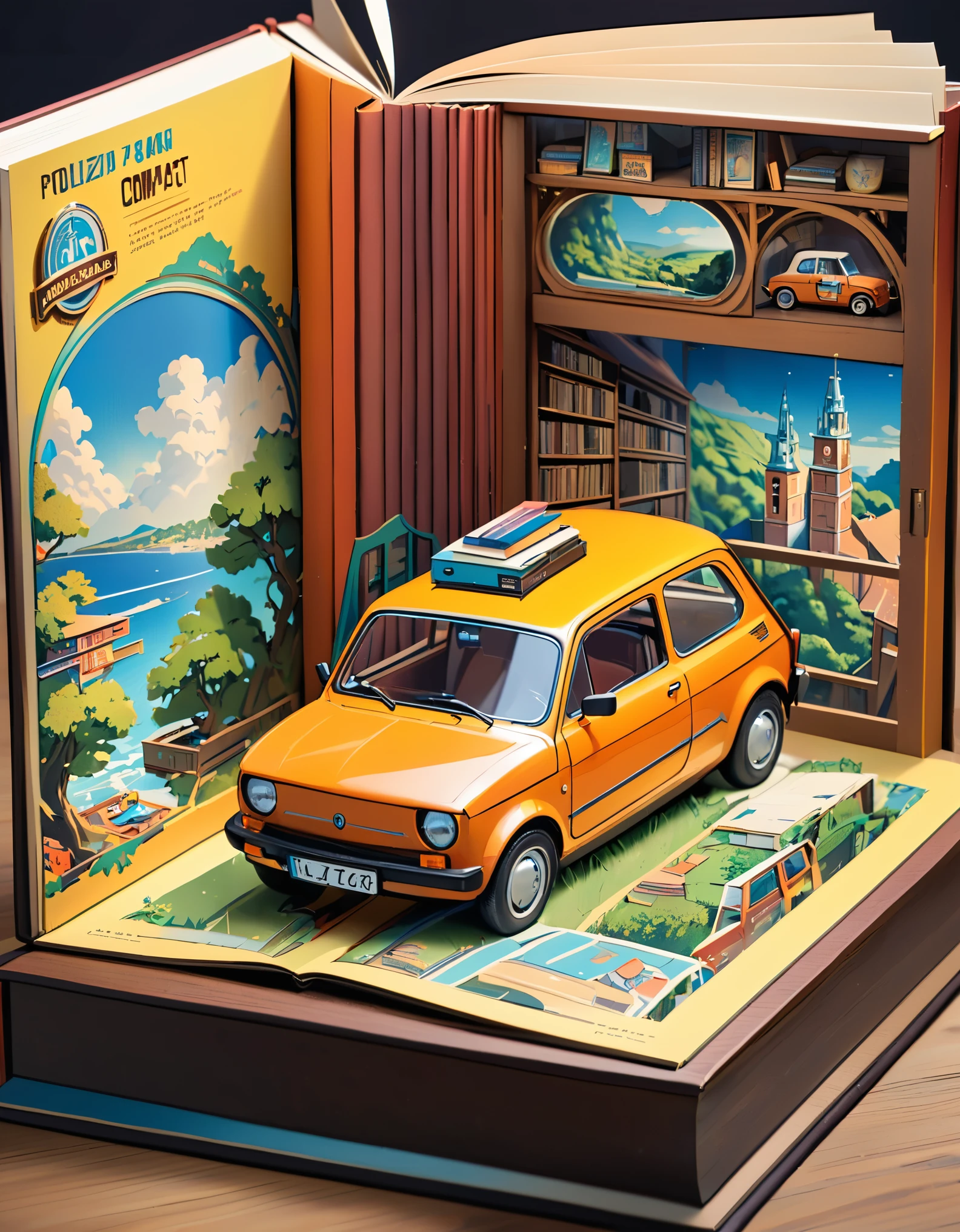 (masterpiece:1.2, Highest quality),(Very detailed),8k,wallpaper,Pop-up Books,レトロな車と欧州の街並みのPop-up Books,(polish 70s compact car)