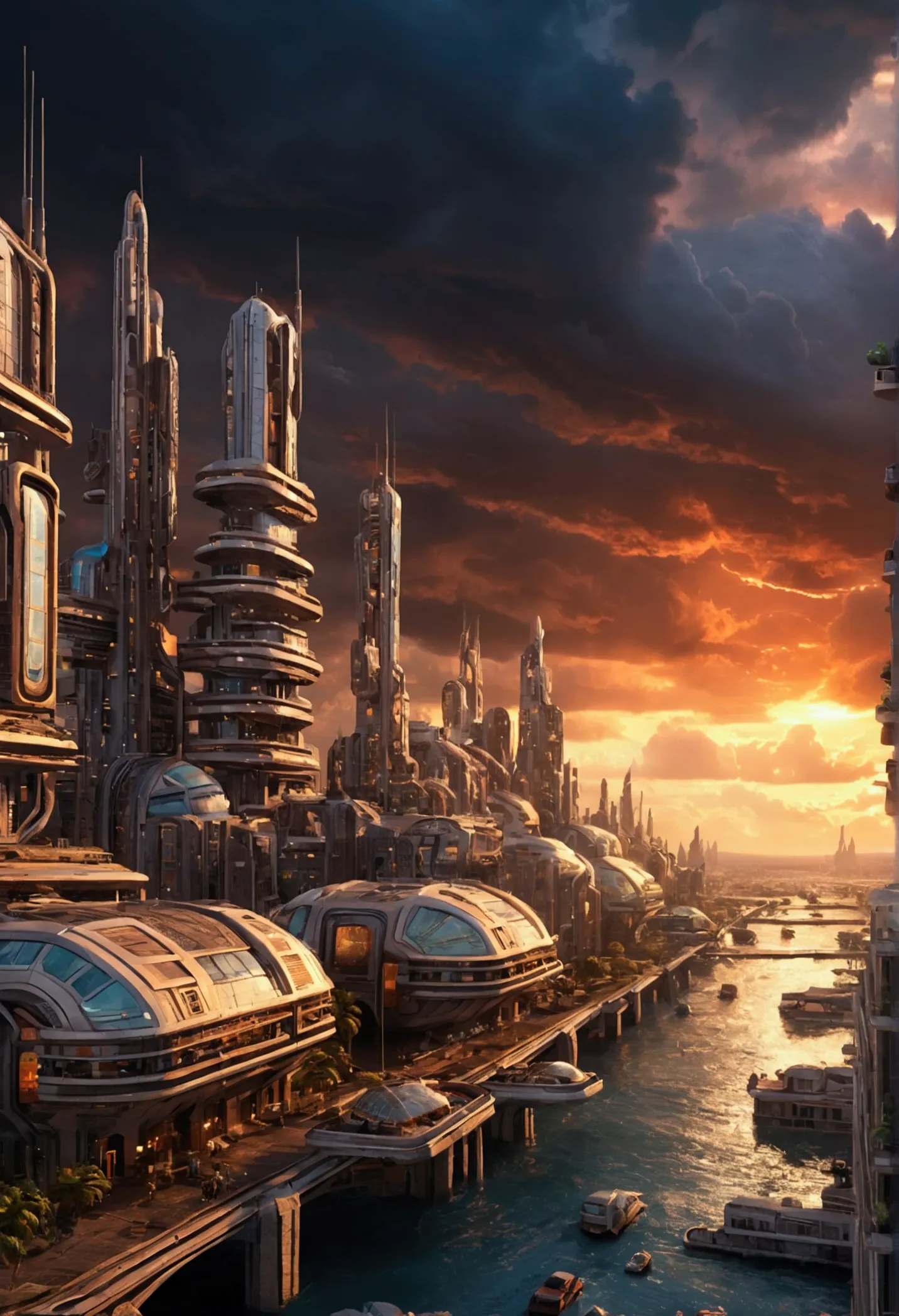 Sci-fi city surrounded by storm clouds at sunset  (retrotide:1) 