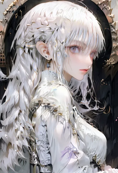 silver hair, long hair, elf, maid, adult, beautiful, gods, good style