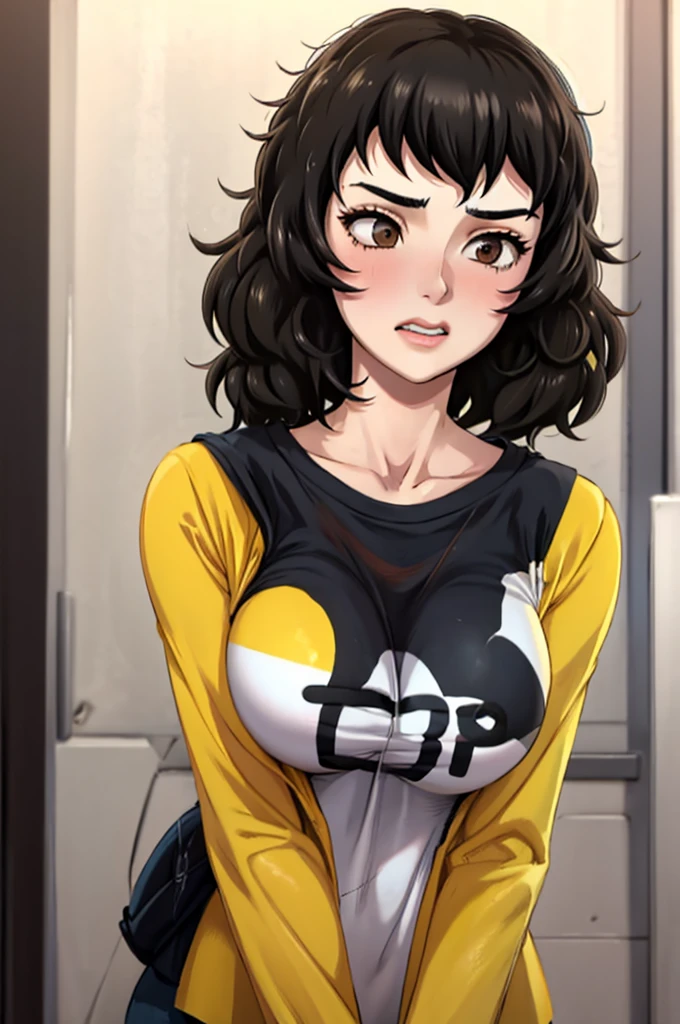 kawakami sadayo (pessoa 5) Personagem Lola [Cinco roupas]、Apanhada de seios subjetiva、sentir-se envergonhado、Olhando para a câmera、Camisola amarela de manga comprida