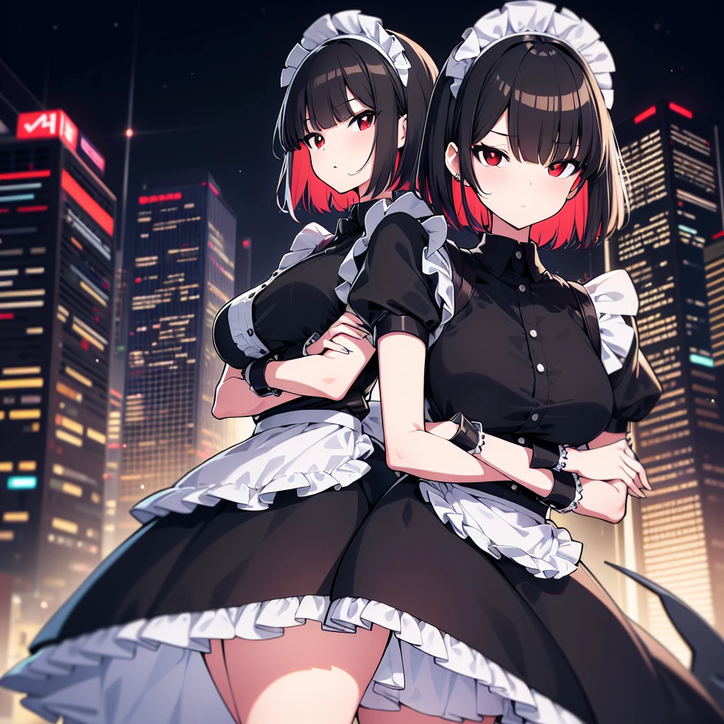 (cowboy shot), (ultra-high resolution, depth of field:1.2), Zenless Zone Zero, (Elen Joe:1.1),1woman, mature, black hair, short hair, inner color hair, (red eyes), medium breasts, crossed arms, maid dress, shark tail, maid apron, maid headdress, piercing, short sleeves, wrist cuffs, modern city scenery