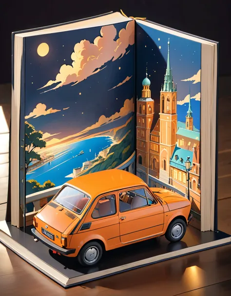 (masterpiece:1.2, Highest quality),(Very detailed),8k,wallpaper,Pop-up Books,レトロな車とイタリアの街並みのPop-up Books,(polish 70s compact car),Gentle lighting from behind,Two-point lighting