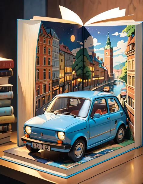 (masterpiece:1.2, Highest quality),(Very detailed),8k,wallpaper,Pop-up Books,レトロな車とイタリアの街並みのPop-up Books,(polish 70s compact car),Gentle lighting from behind,Two-point lighting