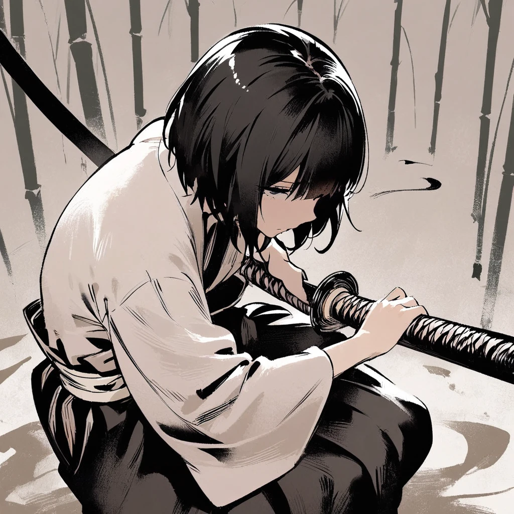 Top quality, masterpiece, high resolution, alone, sumi-e style, samurai girl, long black hair that reaches her shoulders, black eyes, kimono, holding a Japanese sword, Absence,beautiful posture, bamboo forest, moonlit night,Cut in a low stance
