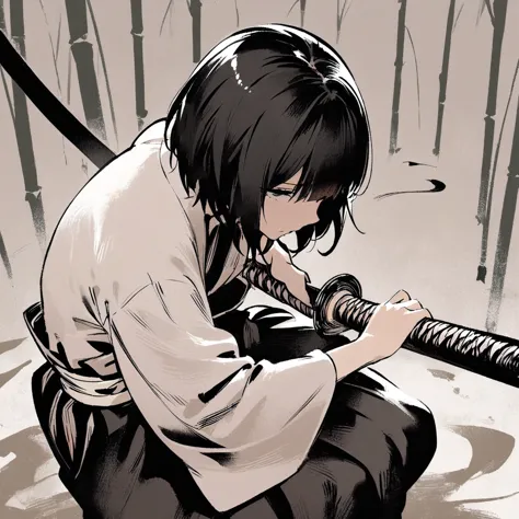 Top quality, masterpiece, high resolution, alone, sumi-e style, samurai girl, long black hair that reaches her shoulders, black ...