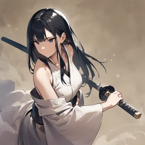 Top quality, masterpiece, high resolution, alone, sumi-e style, samurai girl, long black hair that reaches her shoulders, black ...